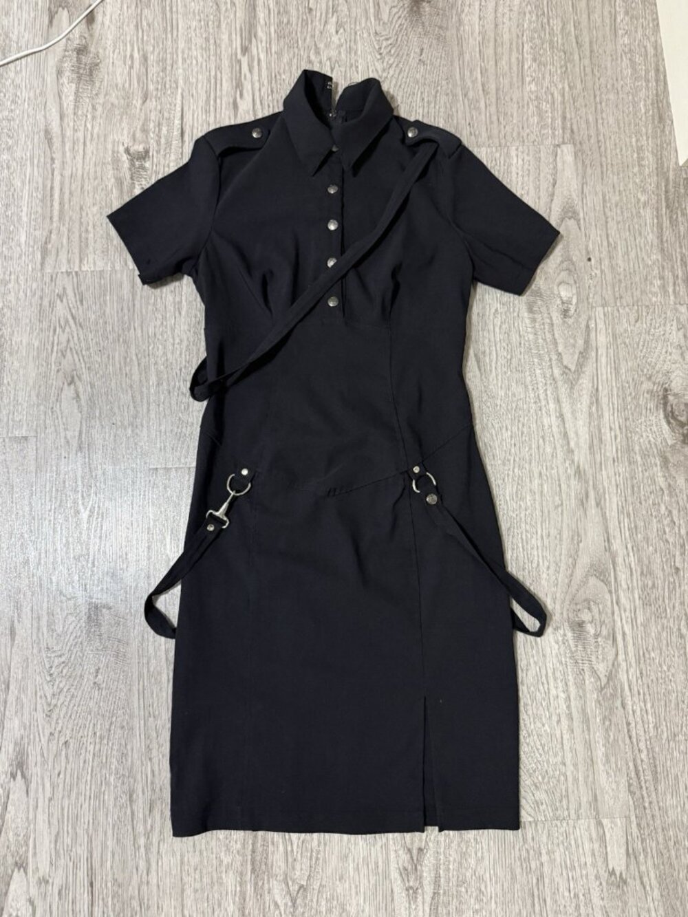 Black Fitted Knee Length Dress Gothic Industrial Strap Detail Military Vintage - Picture 2 of 3